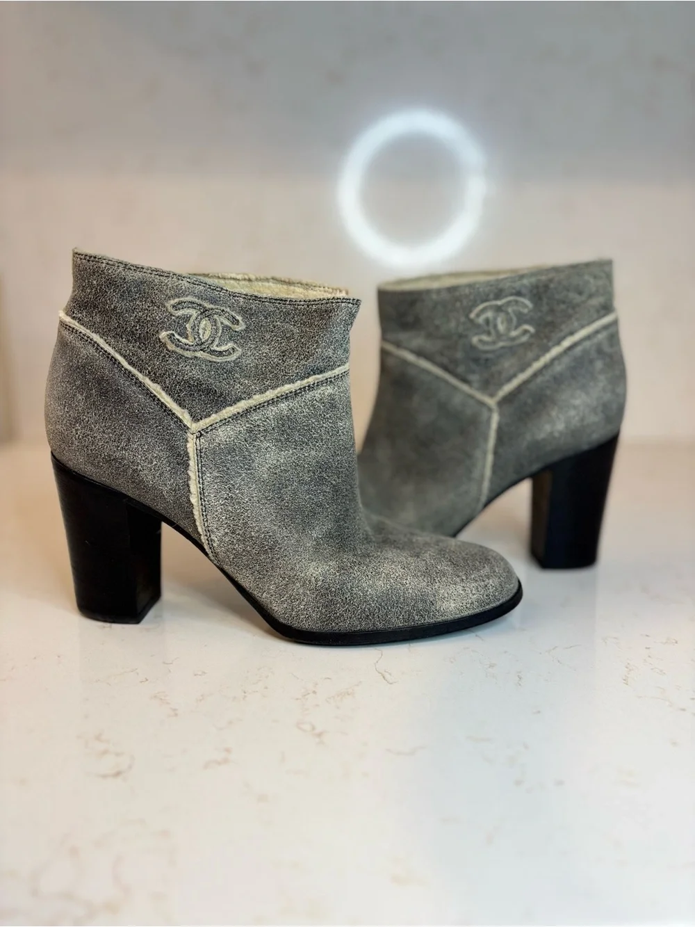 CHANEL Gray Suede Shearling Trim Ankle Booties